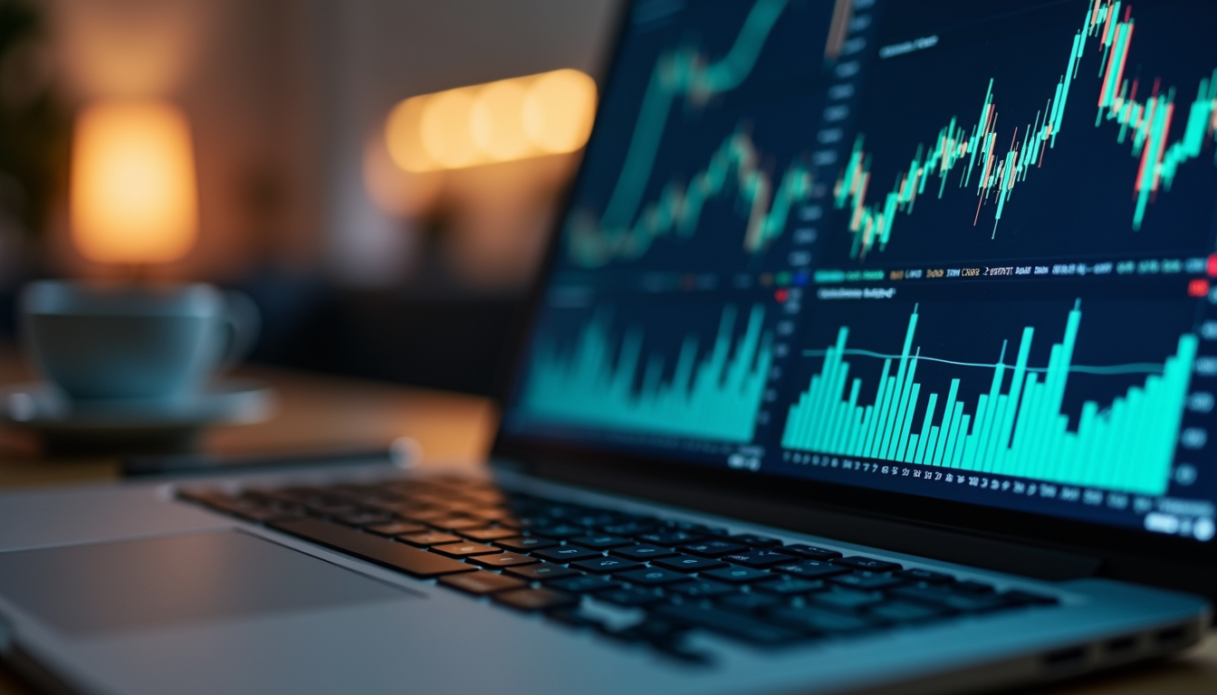 Close-up view of a laptop screen displaying financial charts and graphs