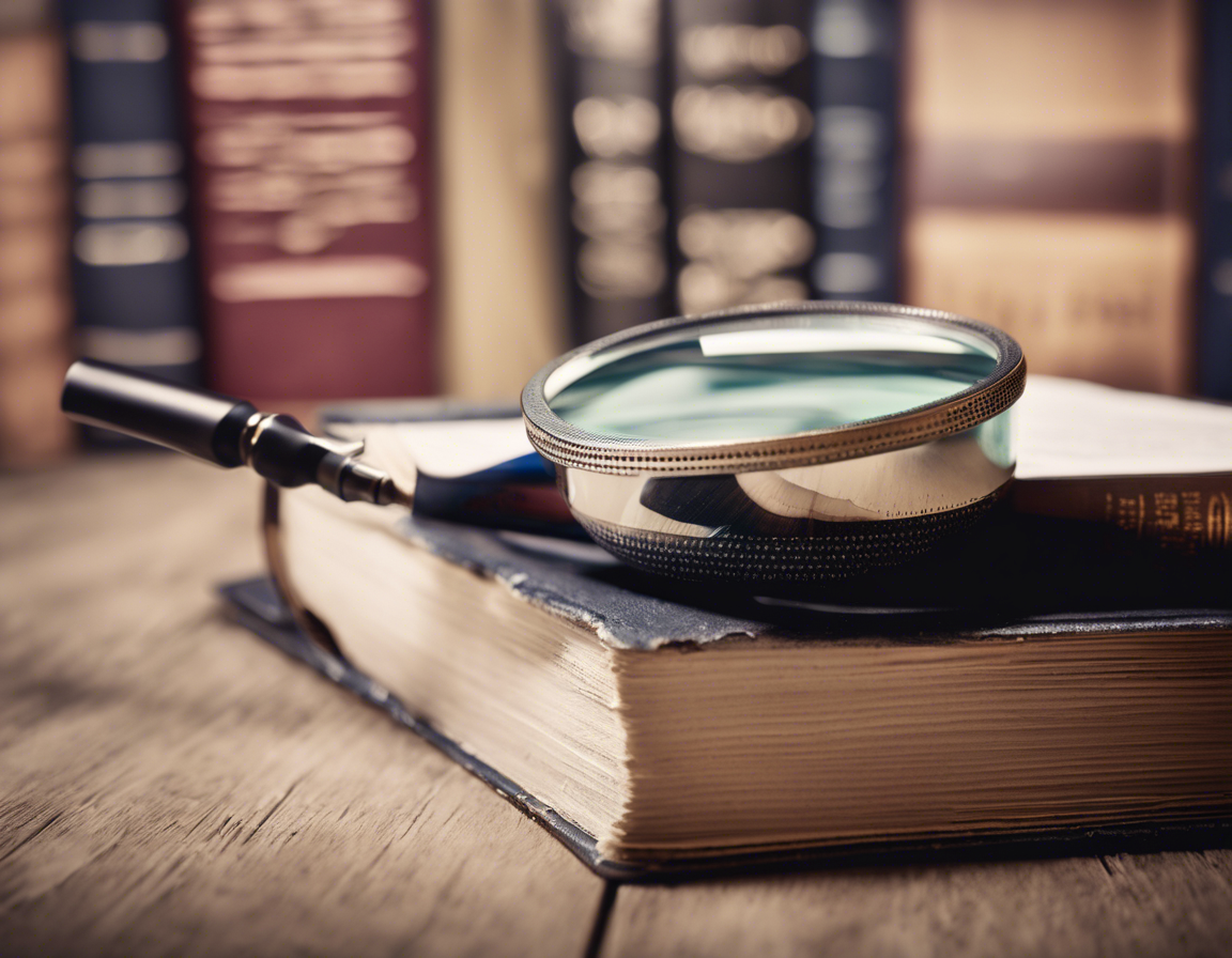 Magnifying glass resting on law books.