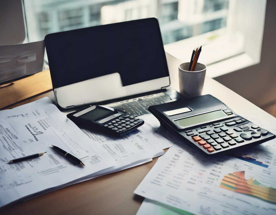 Laptop, calculators and accounting papers on a desk.