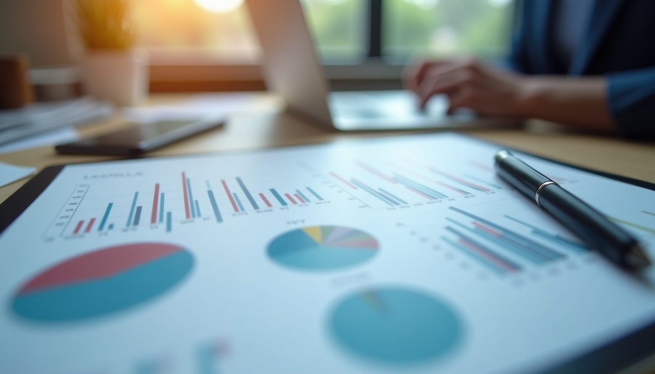 Close-up view of a financial report with charts and graphs on a tablet